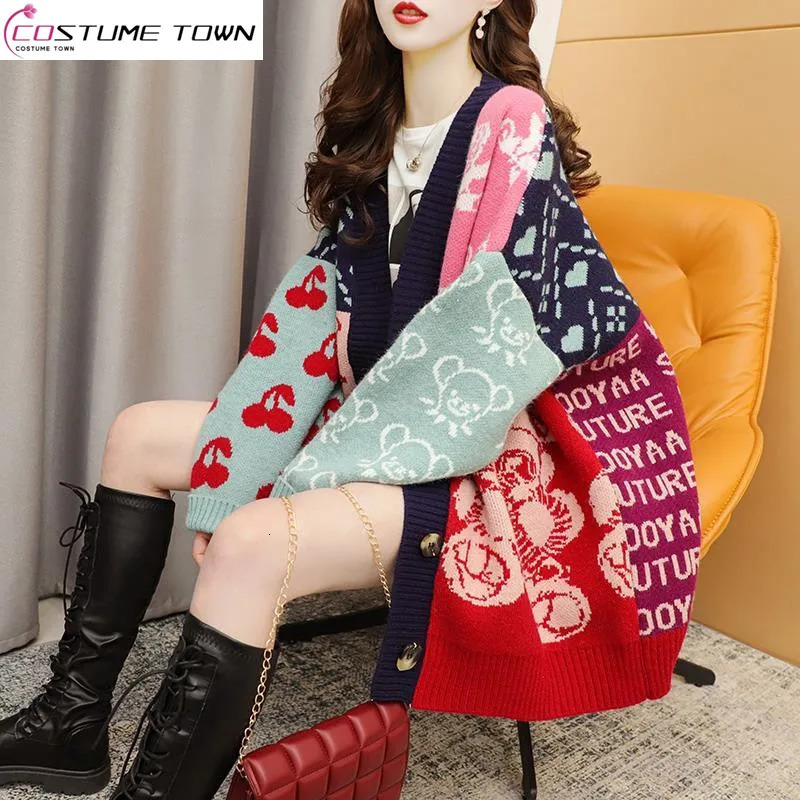 Womens Sweaters Korean Cartoon Sweater Cardigan Mid Length Autumn Wear Loose Fitting Fashion Knitted Outerwear Trend 231216