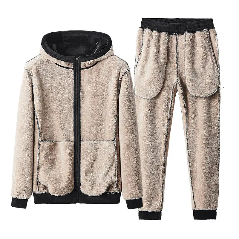 Mens Tracksuits Two Pieces Set Pants Outerwear Soild Color Jacket Thick Fleece Casual Men Winter Warm Cashmere Tracksuit 231216