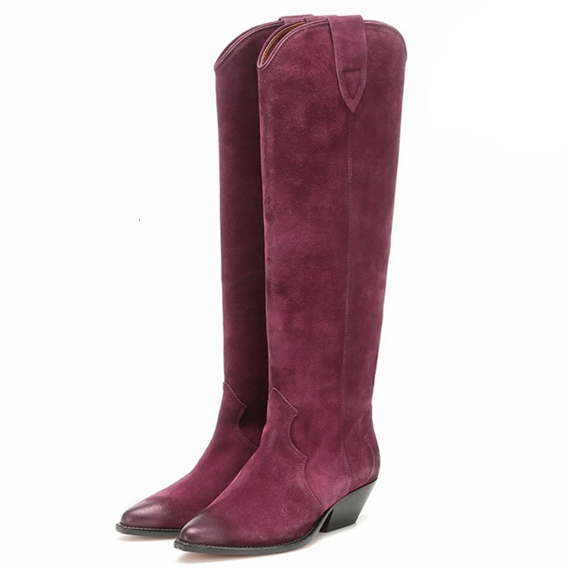 Boots Chunky Heel Western Boots Suede Leather Cowboy High Boots Pointy Retro Female Botas Mujer Handmade Quality Ladies Casual Shoes 231215