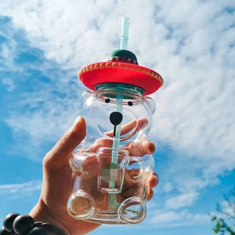 Water Bottles Glass Hat Cup With Straw High Borosilicate Modern Simple Wind Cute Cartoon Drink Juice Milk Bottle Kawaii 231216