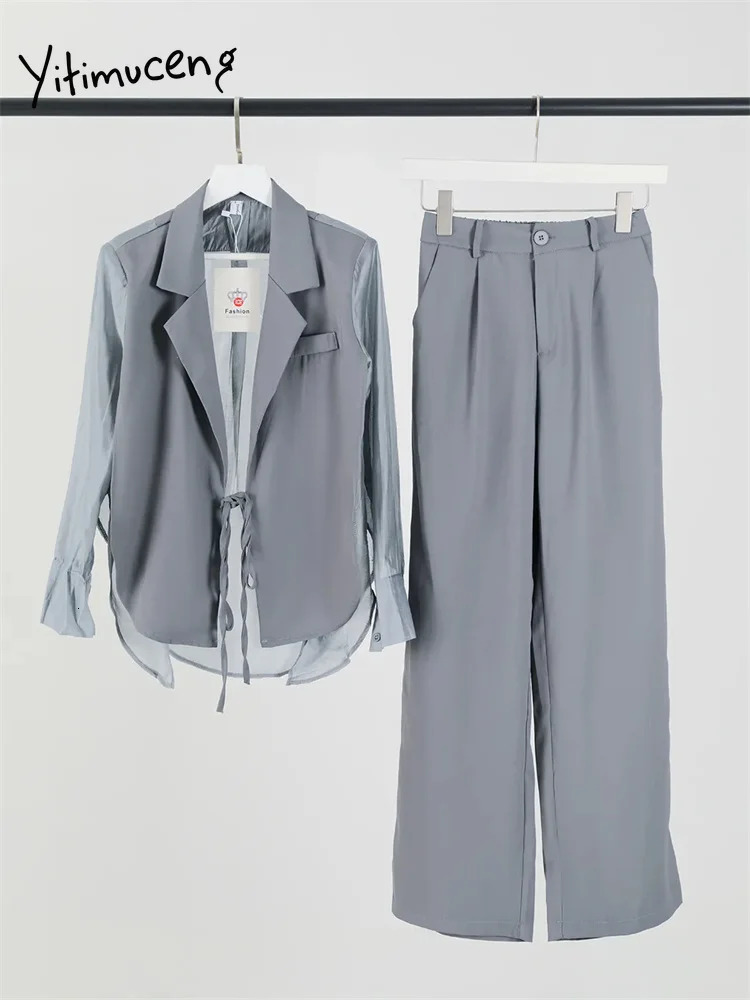 Women's Suits Blazers Yitimuceng Solid Women Office Sets 2023 Fashion Lace Up Turn Down Collar Long Sleeve Loose Wide Leg Pants 231215