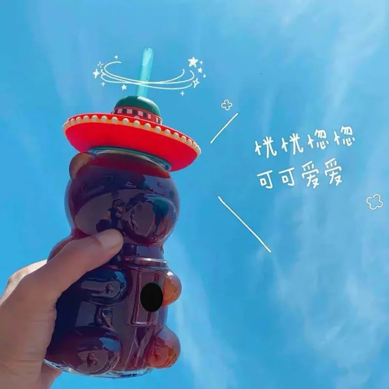 Water Bottles Glass Hat Cup With Straw High Borosilicate Modern Simple Wind Cute Cartoon Drink Juice Milk Bottle Kawaii 231216