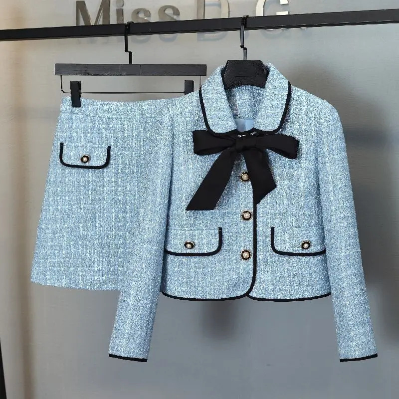 Two Piece Dress Bow Blue Tweed Jacket Short Cardigan Autumn Winter Womens Peice Sets Mini Skirts Plaid Shirts Korean Suits 231216