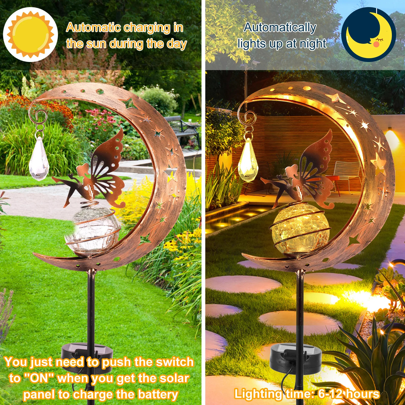 Garden Decorations Fairy Moon Solar Light for Outdoor Ornament IP55 Waterproof Lawn Lamp Metal Butterfly Yard Decorative 231216