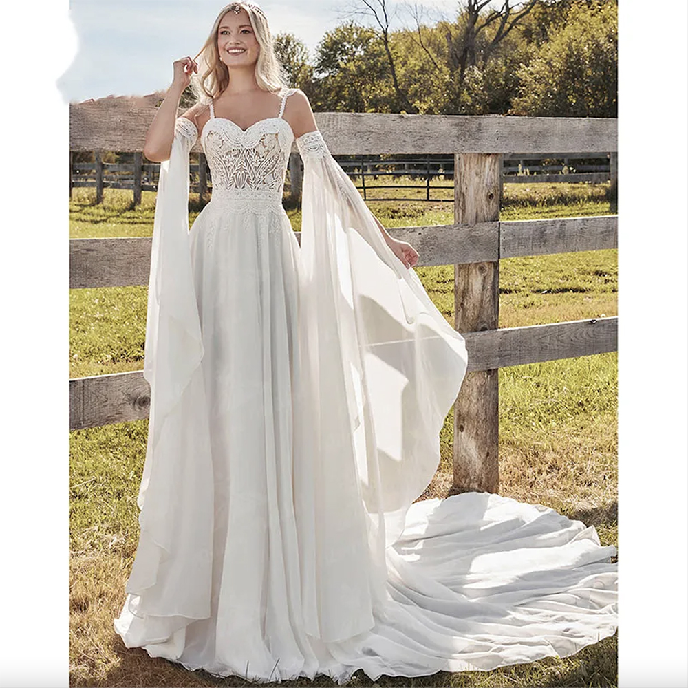 Charming Bohemian Boho Wedding Dress With Detachable Long Flare Sleeve Spaghetti Straps Backless Lace Chiffon Sweetheart Beach Bridal Gown 6660306