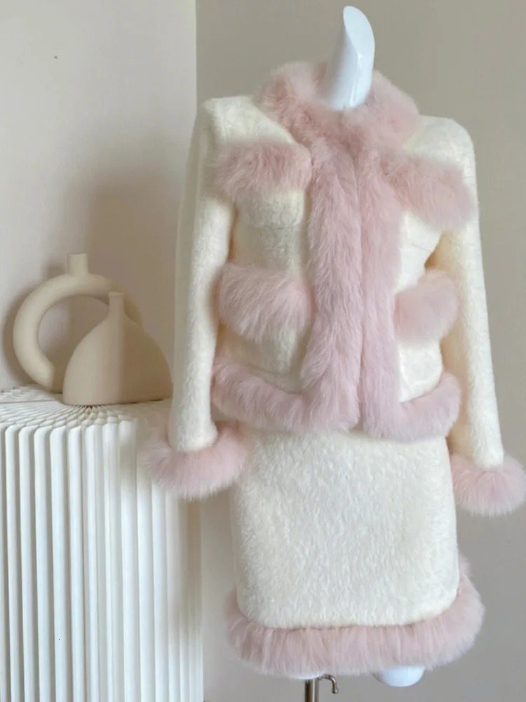 Two Piece Dress High Quality Winter Plush Thick Warm Wool Set For Women Jacket Coat Skirt Suits Girl Korean Sweet 2 Outfits 231216