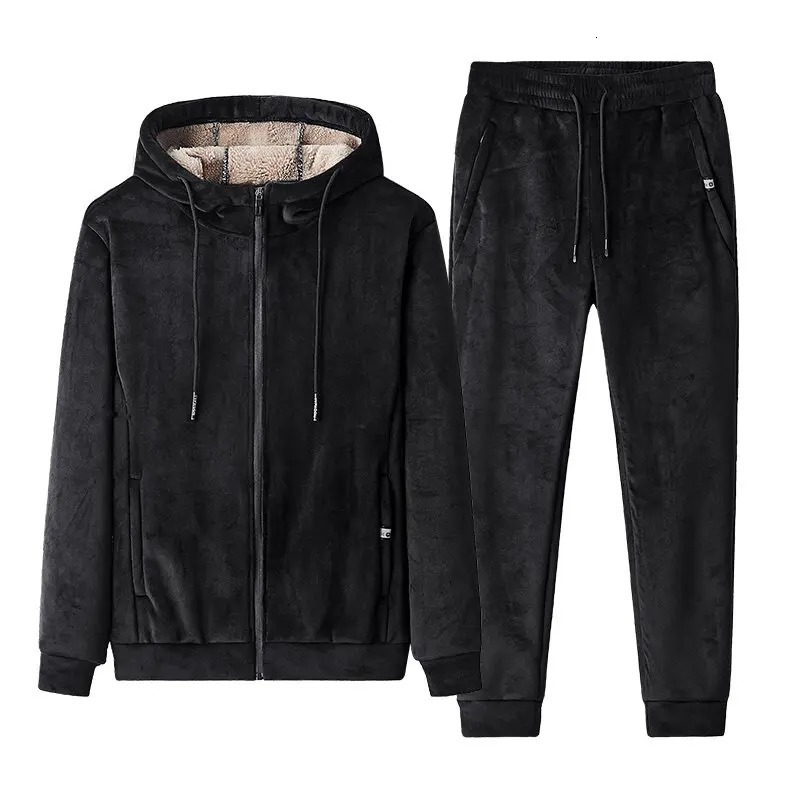 Mens Tracksuits Two Pieces Set Pants Outerwear Soild Color Jacket Thick Fleece Casual Men Winter Warm Cashmere Tracksuit 231216