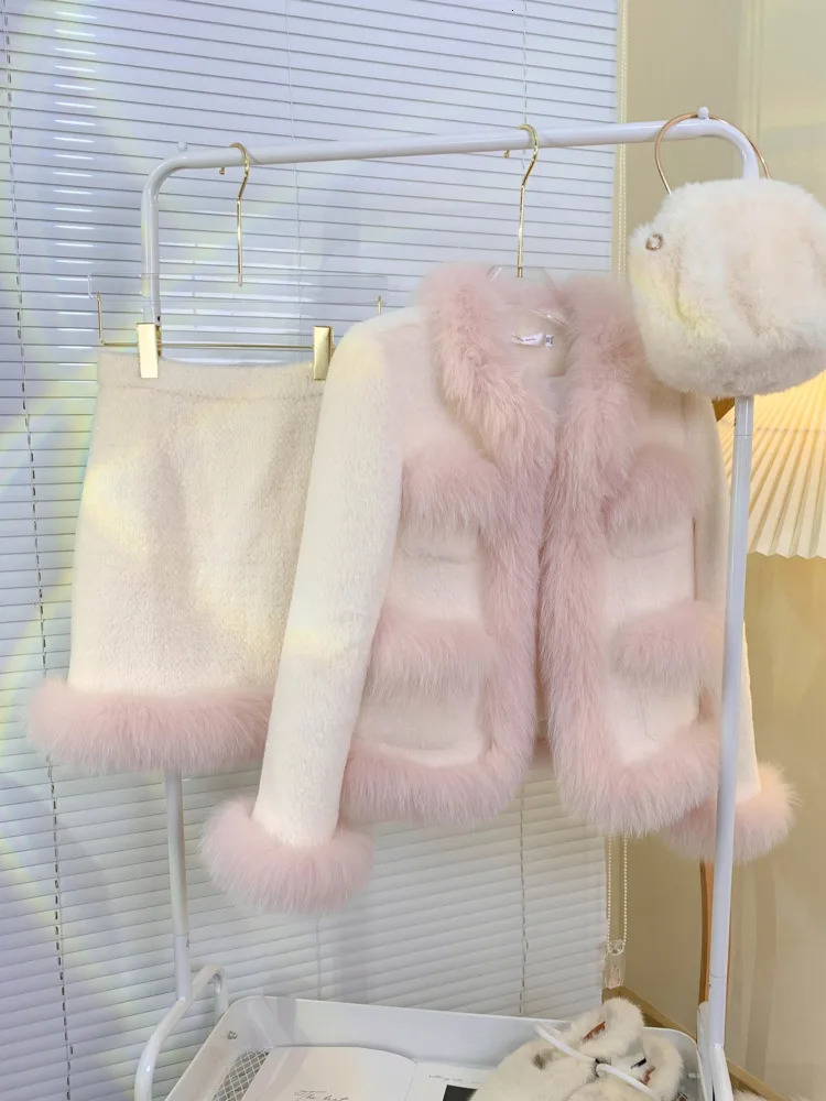 Two Piece Dress High Quality Winter Plush Thick Warm Wool Set For Women Jacket Coat Skirt Suits Girl Korean Sweet 2 Outfits 231216