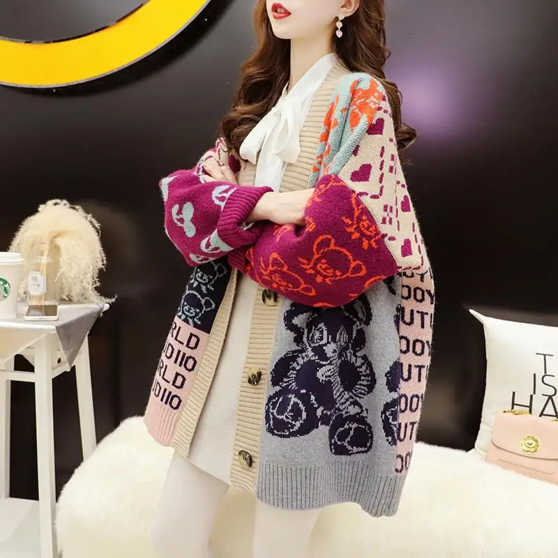 Womens Sweaters Korean Cartoon Sweater Cardigan Mid Length Autumn Wear Loose Fitting Fashion Knitted Outerwear Trend 231216