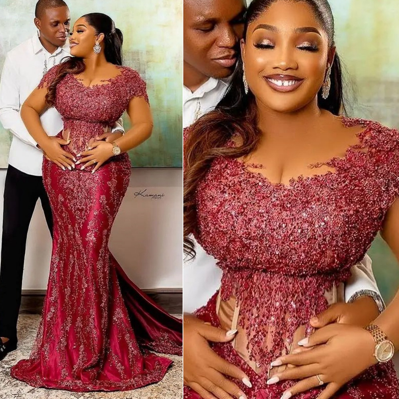 Dusty Red Mermaid Illusion Prom Dresses Sheer Neck Lace Beaded Evening Dress Promdress Formal Gowns for Special Ocns Long Sleeves Birthday Party Vesti