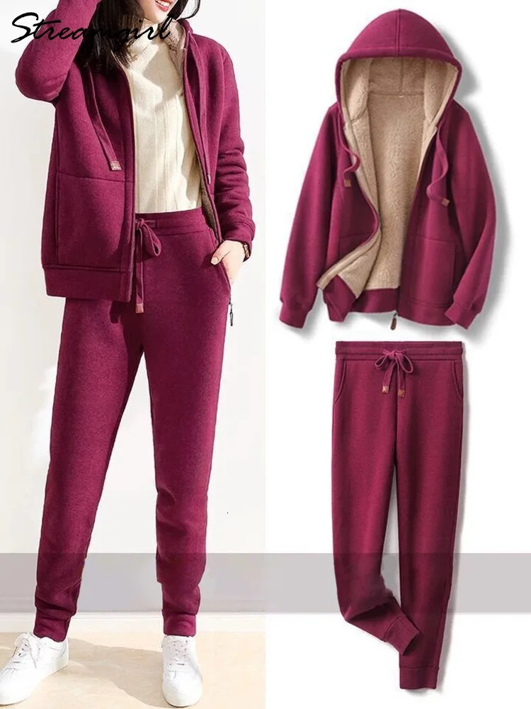 Womens Two Piece Pants Winter warm womens sportswear velvet track set thick hooded jacket and sports pants wool twopiece 231216