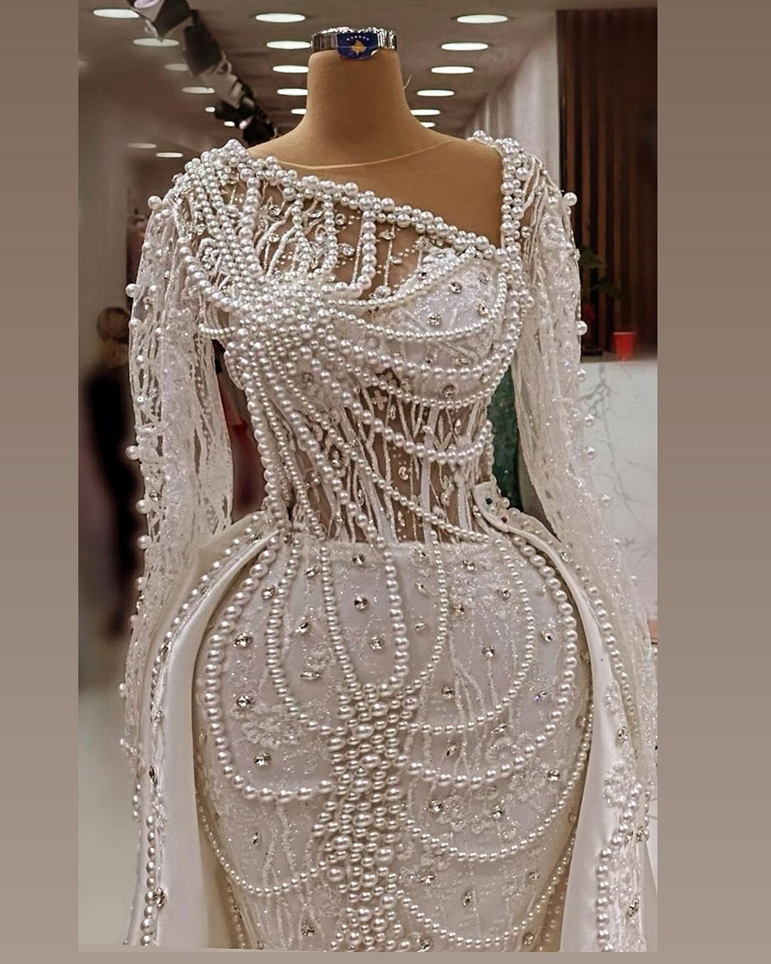 Mermaid Vintage Pearls Wedding Dress Sexy Glitter Lace Beading Arabic Trumpet Full Sleeve Bridal Gowns Robe De Soiree