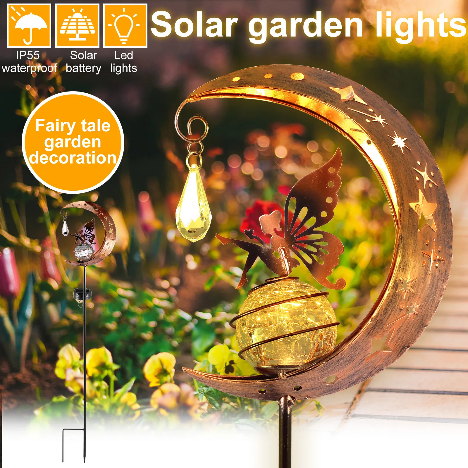 Garden Decorations Fairy Moon Solar Light for Outdoor Ornament IP55 Waterproof Lawn Lamp Metal Butterfly Yard Decorative 231216