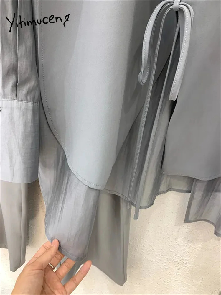 Women's Suits Blazers Yitimuceng Solid Women Office Sets 2023 Fashion Lace Up Turn Down Collar Long Sleeve Loose Wide Leg Pants 231215
