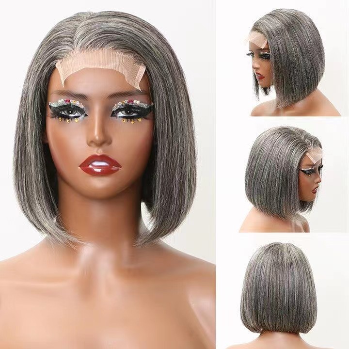 Trendy Human grey a-line bobs with brow-length bangs none lace glueless salt and pepper wigs for fearless women