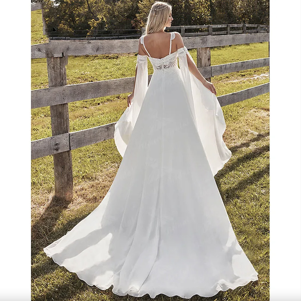 Charming Bohemian Boho Wedding Dress With Detachable Long Flare Sleeve Spaghetti Straps Backless Lace Chiffon Sweetheart Beach Bridal Gown 6660306