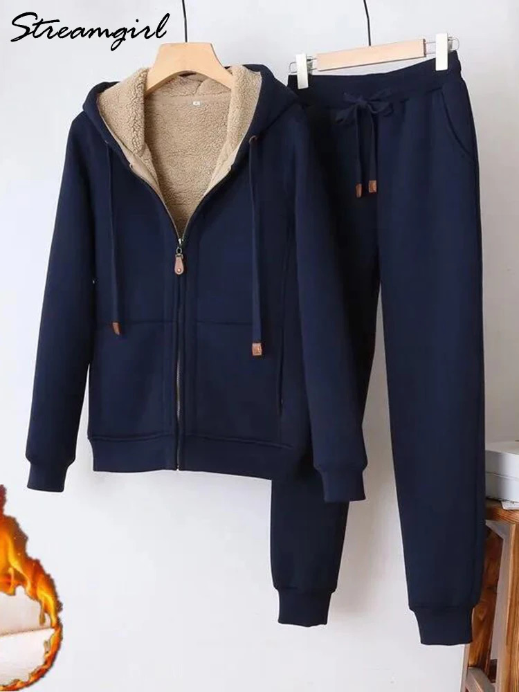 Womens Two Piece Pants Winter warm womens sportswear velvet track set thick hooded jacket and sports pants wool twopiece 231216