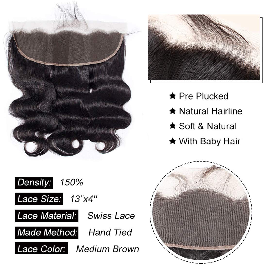 Body Wave Human Hair 13X4 Transparent Lace Frontals Closures Pre Plucked Natural Hairline
