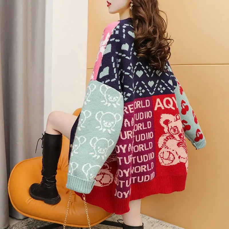 Womens Sweaters Korean Cartoon Sweater Cardigan Mid Length Autumn Wear Loose Fitting Fashion Knitted Outerwear Trend 231216