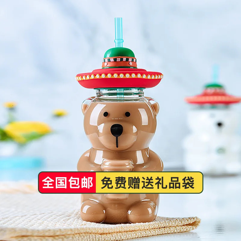 Water Bottles Glass Hat Cup With Straw High Borosilicate Modern Simple Wind Cute Cartoon Drink Juice Milk Bottle Kawaii 231216