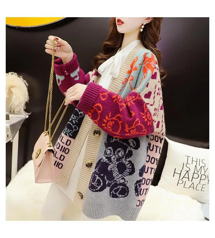 Womens Sweaters Korean Cartoon Sweater Cardigan Mid Length Autumn Wear Loose Fitting Fashion Knitted Outerwear Trend 231216