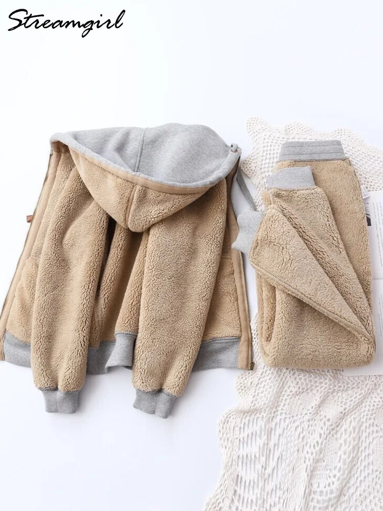 Womens Two Piece Pants Winter warm womens sportswear velvet track set thick hooded jacket and sports pants wool twopiece 231216