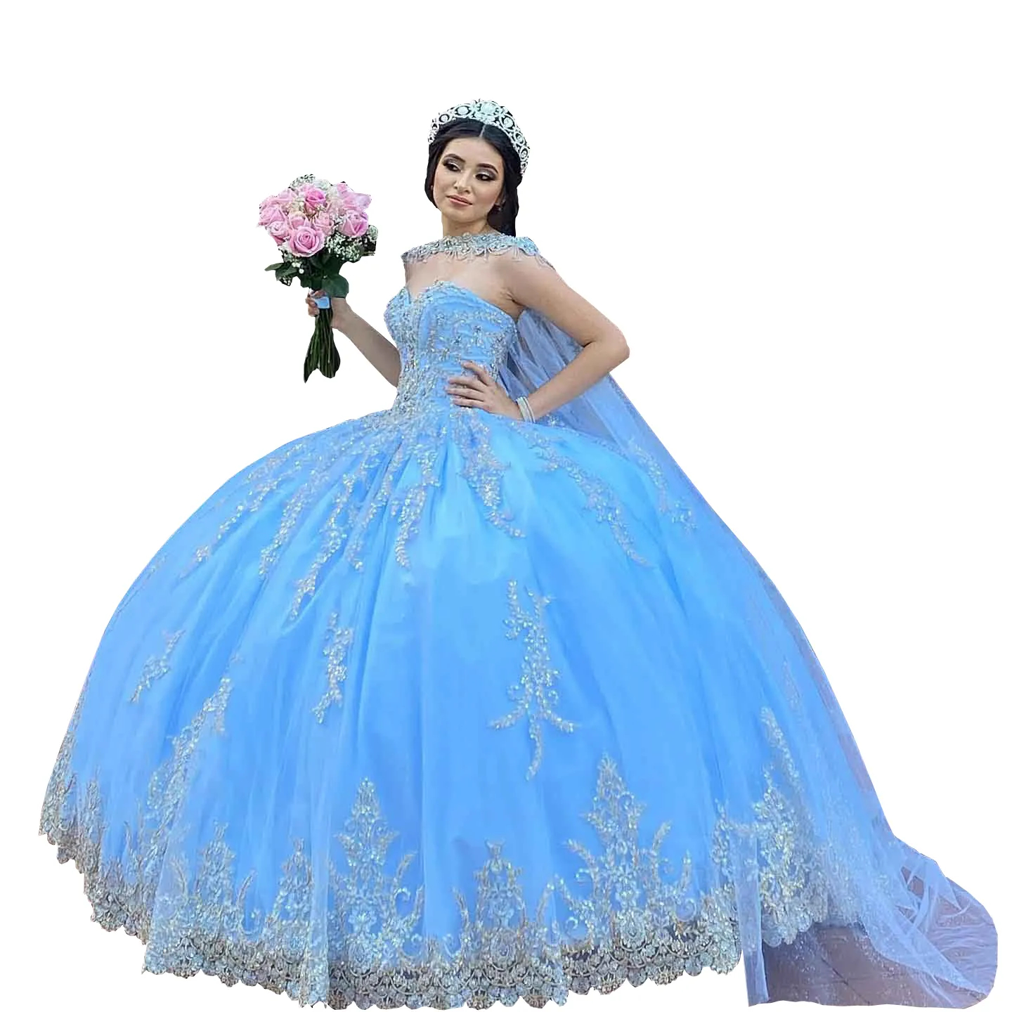 Beaded Quinceanera Dresses Lace Appliques Long Cape Sweetheart Neck Tulle Ball Gown Princess Sweet Dress For Girls Prom Party