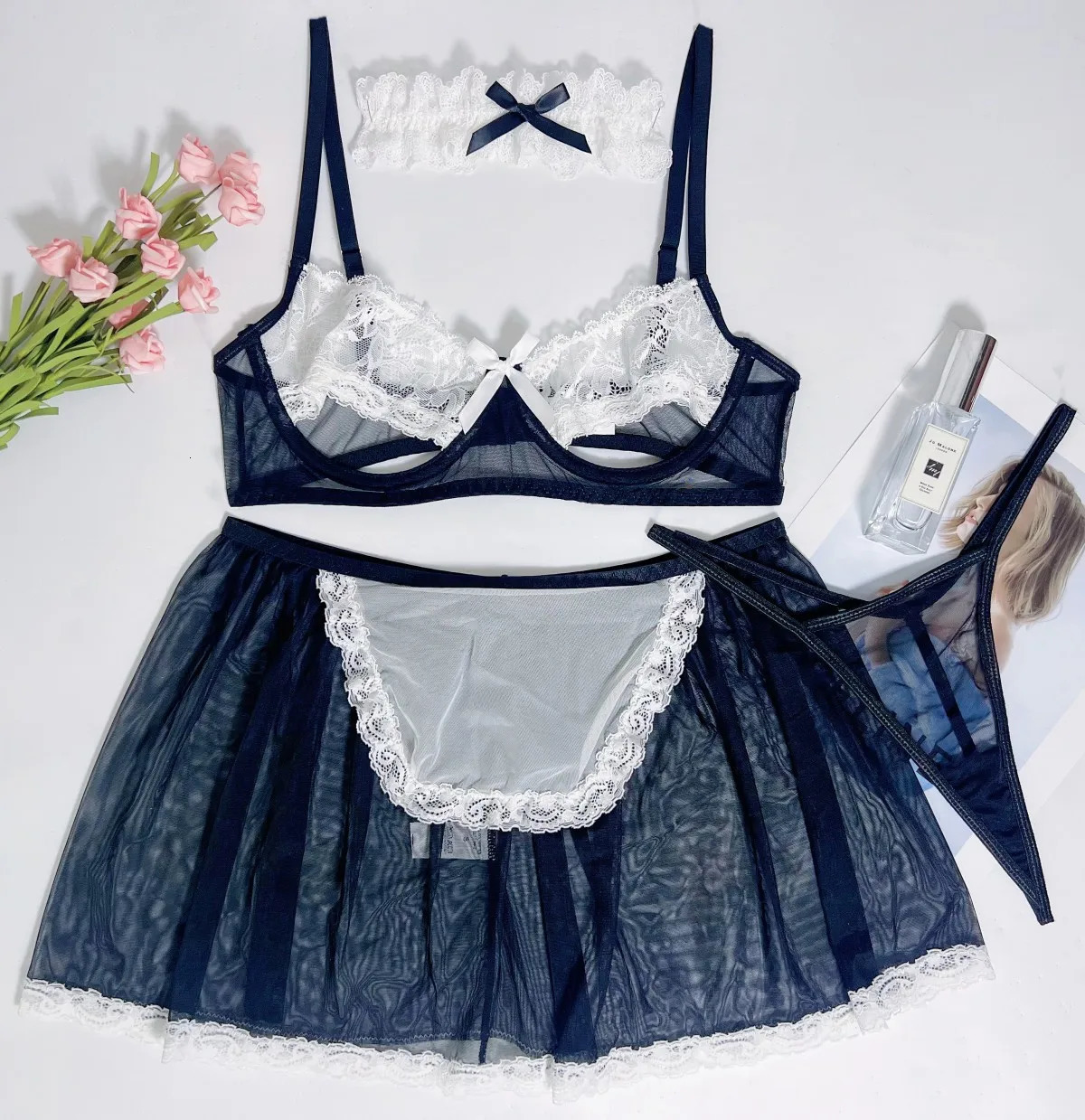 Sexy Set Ellolace Maid Cosplay Lingerie Open Bra Outfit See Through Fantasy Porn Costume Uniform Sissy Intimate Goods 231216