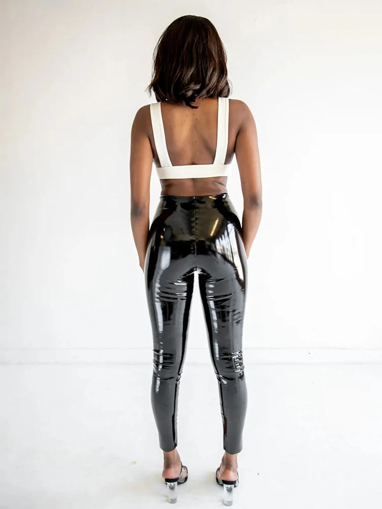 Men's Pants High Waist Faux Latex Seameless Legging Women Bodycon Shiny Patent Leather Trousers Ladies PVC Stretch Slim Cropped Custom 231216