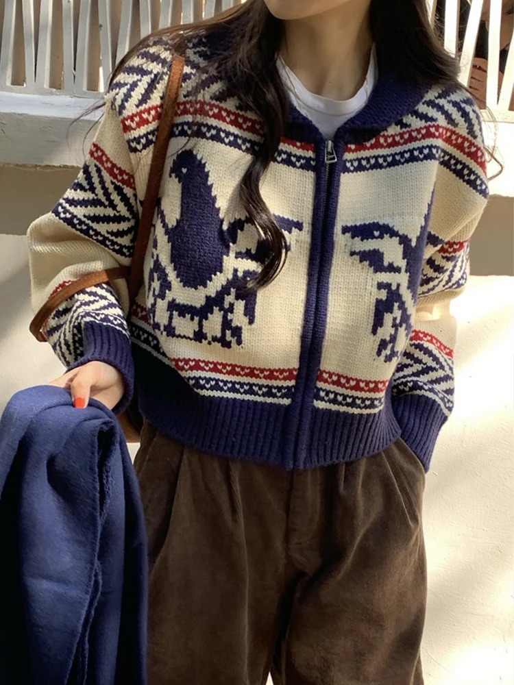 Womens Sweaters Women Knitted Cardigan Vintage Print Sweater Female Autumn Winter Chic Cropped Jumper Ladies Korean Fashion Zipper Cardigans 231216