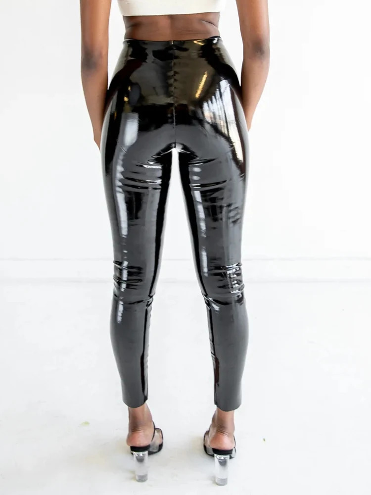 Men's Pants High Waist Faux Latex Seameless Legging Women Bodycon Shiny Patent Leather Trousers Ladies PVC Stretch Slim Cropped Custom 231216
