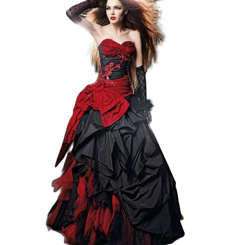 Black And Red Gothic Wedding Dresses Ruched Sweetheart Neckline Drapped Satin Lace-Up Back Corset Bridal Gown Taffeta Tulle Vintage Special Occasion D