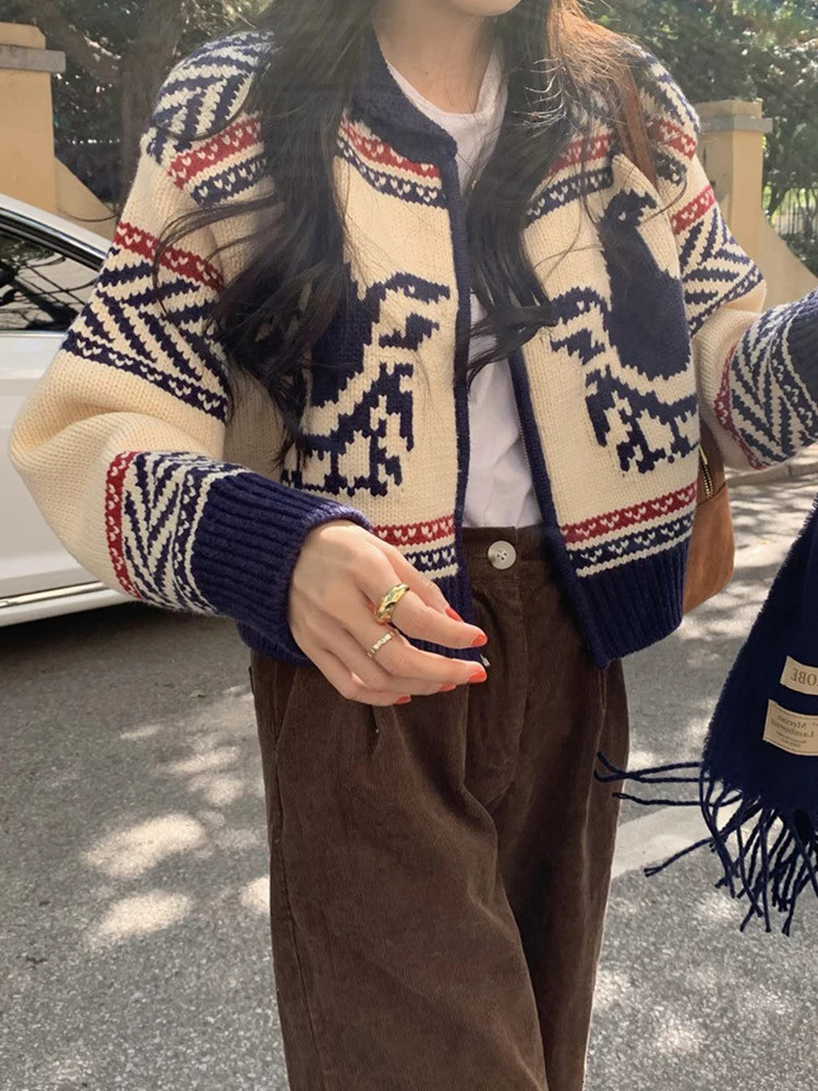 Womens Sweaters Women Knitted Cardigan Vintage Print Sweater Female Autumn Winter Chic Cropped Jumper Ladies Korean Fashion Zipper Cardigans 231216