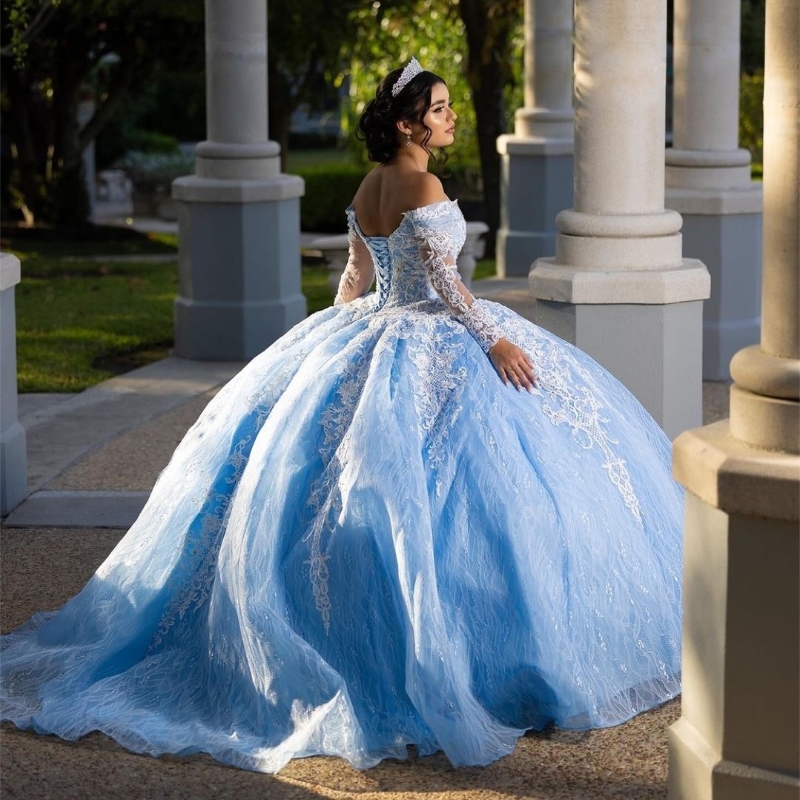 Sky Blue Quinceanera Dresses Applique Lace Beads Ball Gown Sweet 16 Year Princess Dress For 15 Years Vestidos De Anos