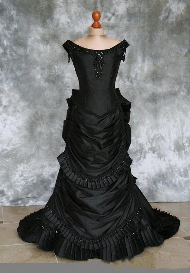 Gothic Black Victorian Wedding Dress Beaded Ruched Satin Long Vampire Ball Masquerade Halloween Bridal Dress Steampunk Corset Goth 19th century Women 