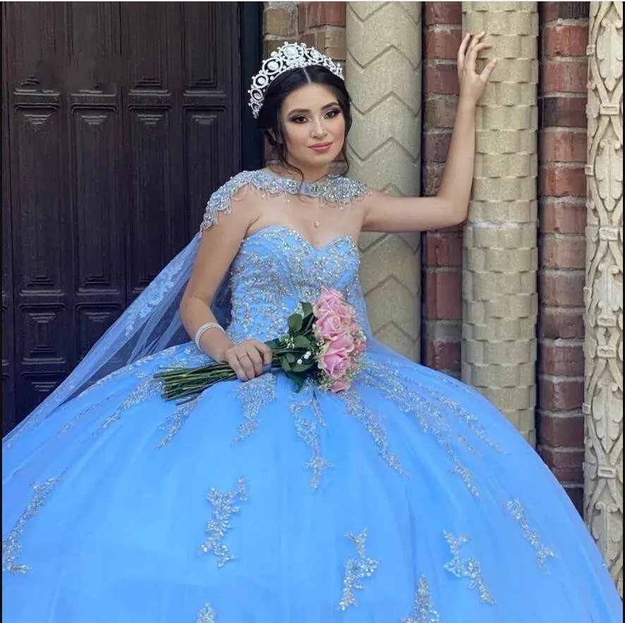 Beaded Quinceanera Dresses Lace Appliques Long Cape Sweetheart Neck Tulle Ball Gown Princess Sweet Dress For Girls Prom Party