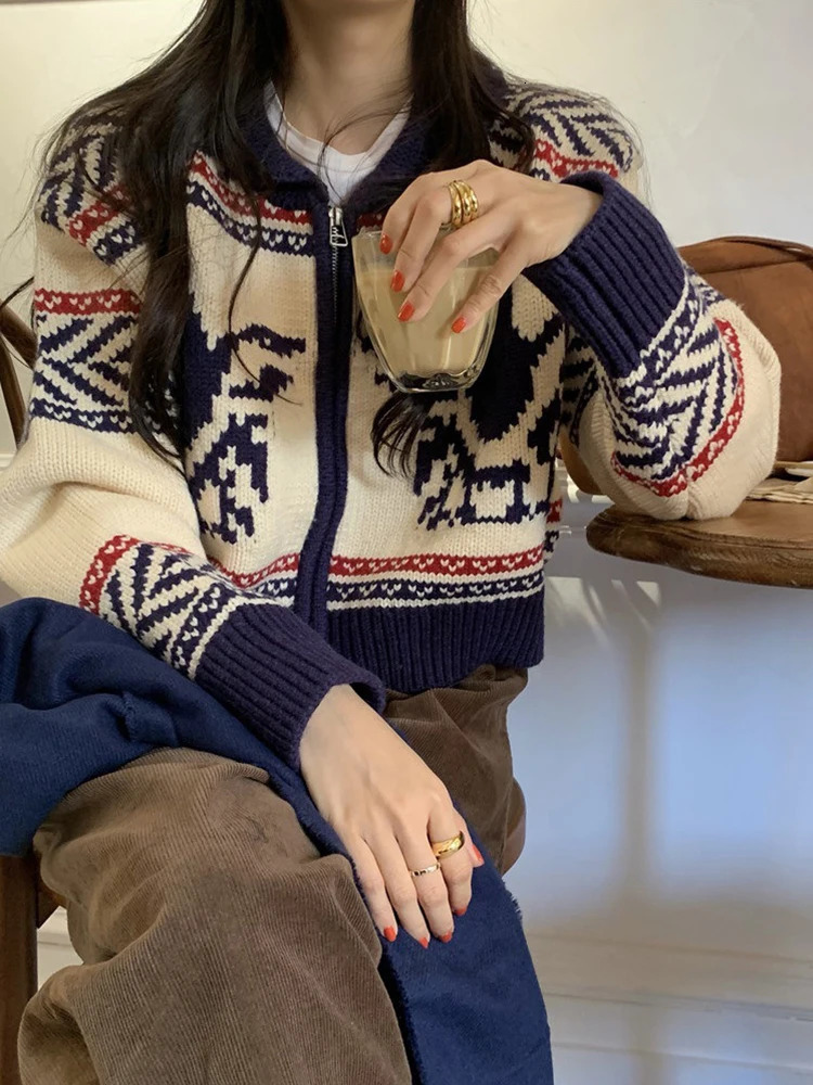 Womens Sweaters Women Knitted Cardigan Vintage Print Sweater Female Autumn Winter Chic Cropped Jumper Ladies Korean Fashion Zipper Cardigans 231216
