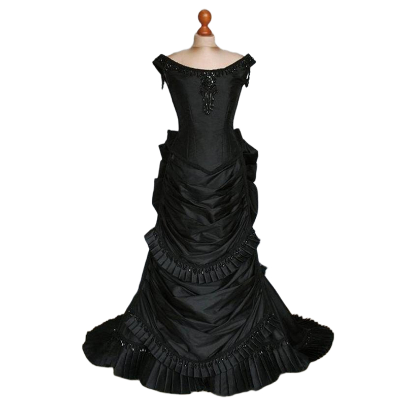 Gothic Black Victorian Wedding Dress Beaded Ruched Satin Long Vampire Ball Masquerade Halloween Bridal Dress Steampunk Corset Goth 19th century Women 