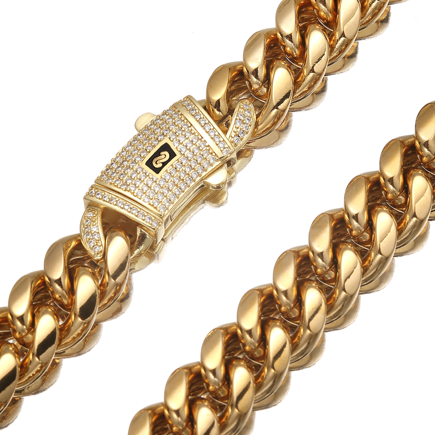 Hip Hop 12-14mm Width Stainless Steel Cuban Chain Lock Mirco Rhinestone Gold Chain for Mens 18k Gold Cuban Link Necklace