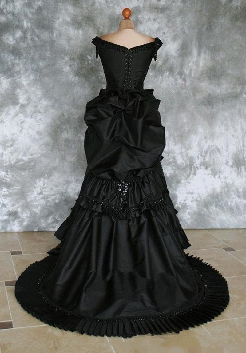 Gothic Black Victorian Wedding Dress Beaded Ruched Satin Long Vampire Ball Masquerade Halloween Bridal Dress Steampunk Corset Goth 19th century Women 