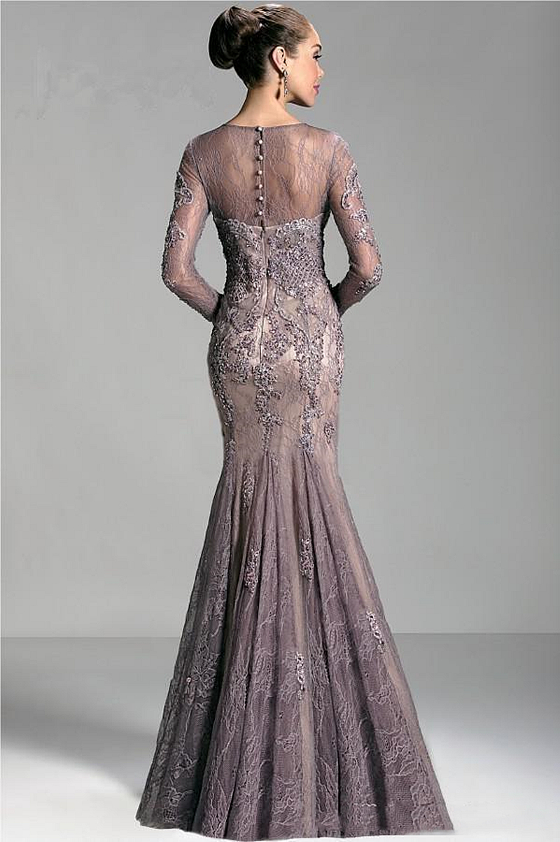 Mother Elegant Lace Mermaid of the Bride Dresses Long Sleeves Floor Length Formal Ocn Dress Appliques Chic Wedding Guest Gown for Women