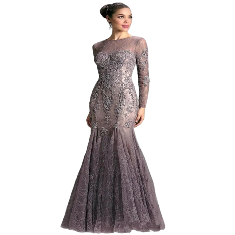 Mother Elegant Lace Mermaid of the Bride Dresses Long Sleeves Floor Length Formal Ocn Dress Appliques Chic Wedding Guest Gown for Women