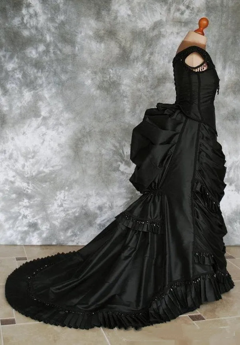Gothic Black Victorian Wedding Dress Beaded Ruched Satin Long Vampire Ball Masquerade Halloween Bridal Dress Steampunk Corset Goth 19th century Women 
