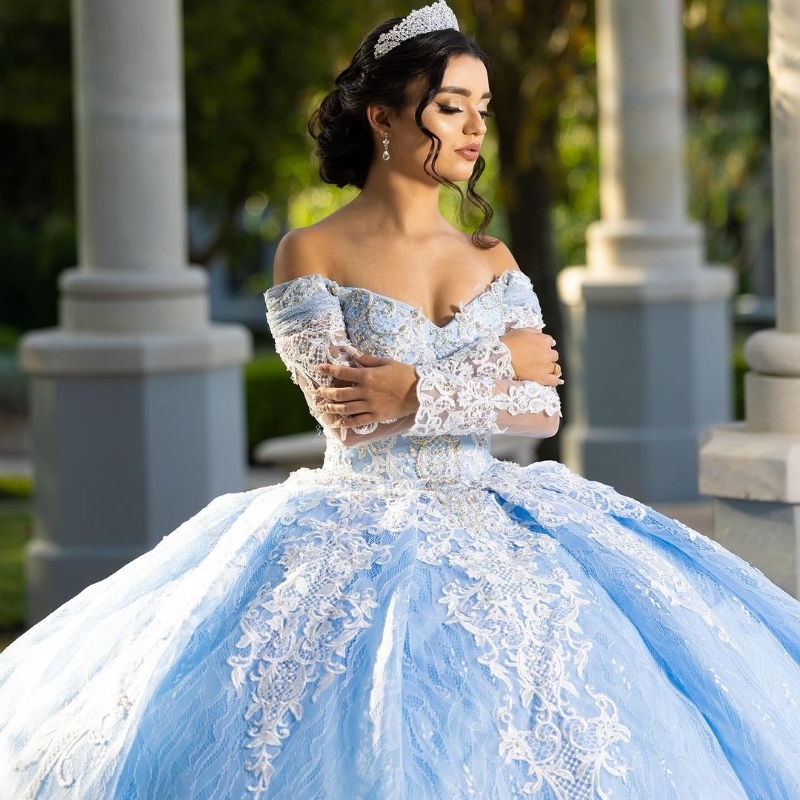 Sky Blue Quinceanera Dresses Applique Lace Beads Ball Gown Sweet 16 Year Princess Dress For 15 Years Vestidos De Anos