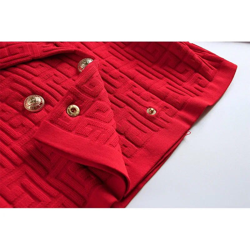 Two Piece Dress Retro Style Solid Geometric Pattern Knit Suit Long Sleeve Doublebreasted Notched Short Cardigan Slim Skirts With Belt Women 2Pc 231218