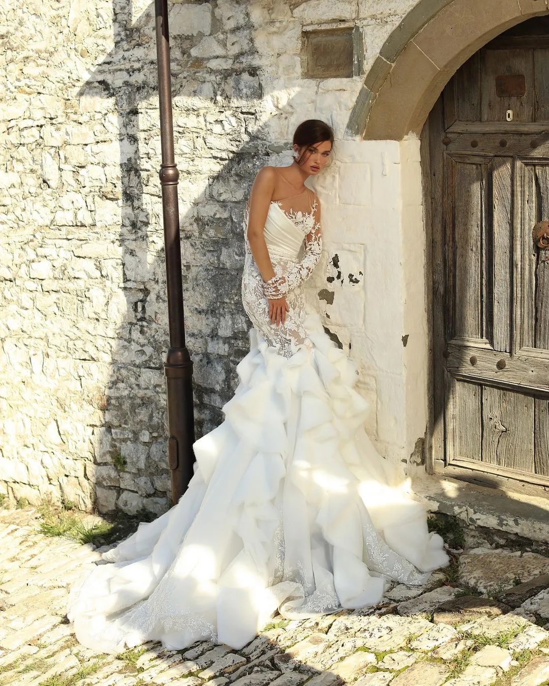 Shoulder Gorgeous One Mermaid Dresses Lace Ruffles Train Wedding Gown Tulle Robe De Mariee