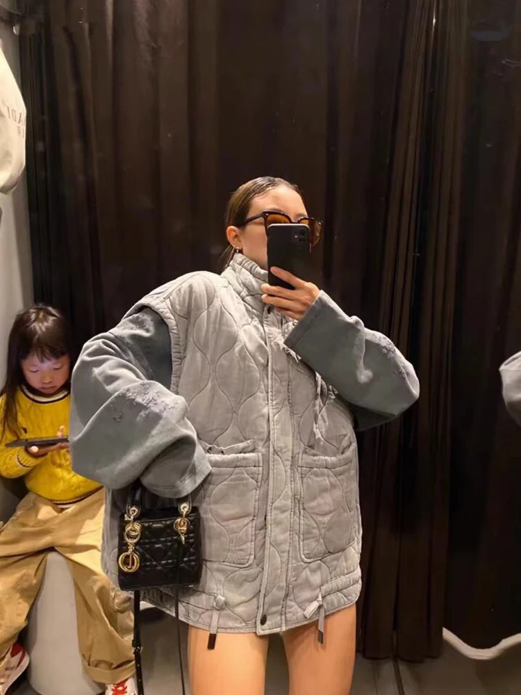 Women's Vests Autumn Winter Grey Vest Cotton Padded Waistcoat Warm Jacket Standing Collar Sleeveless Streetwear Outerwear 231218