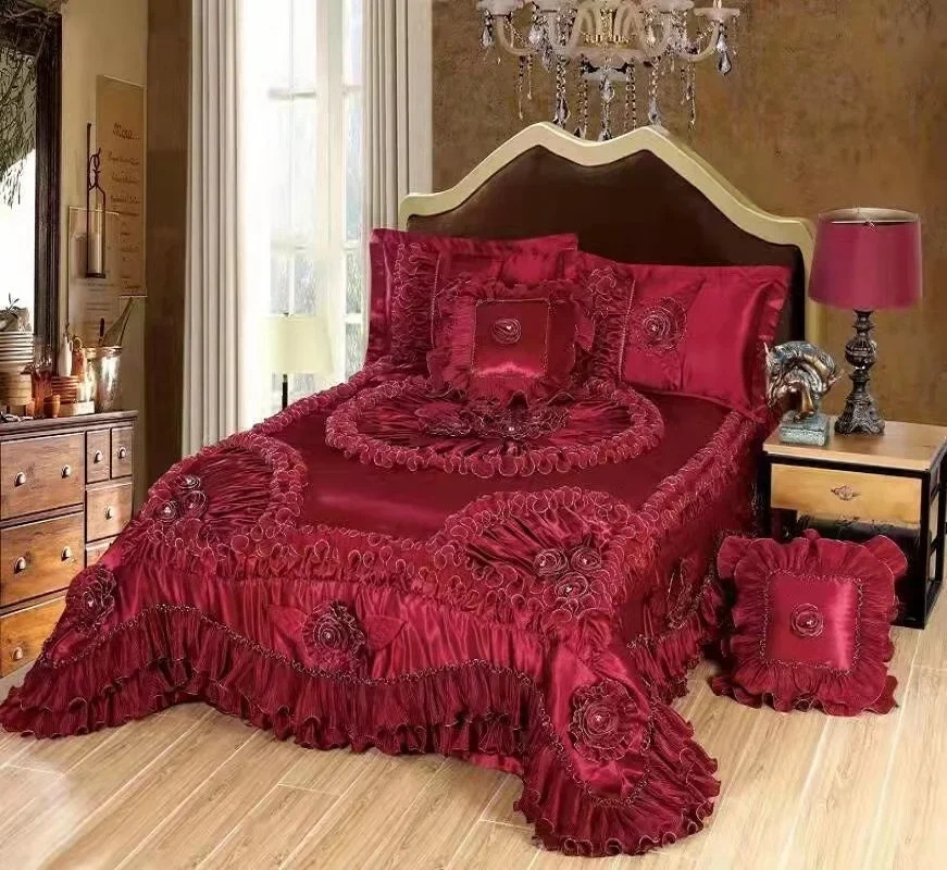 Bedding sets Champagne Wedding Style Jacquard Stereoscopic Lace Bedspread Bed skirt Bed Shett Coverlet Bed Cover Set Pillowcases 231218