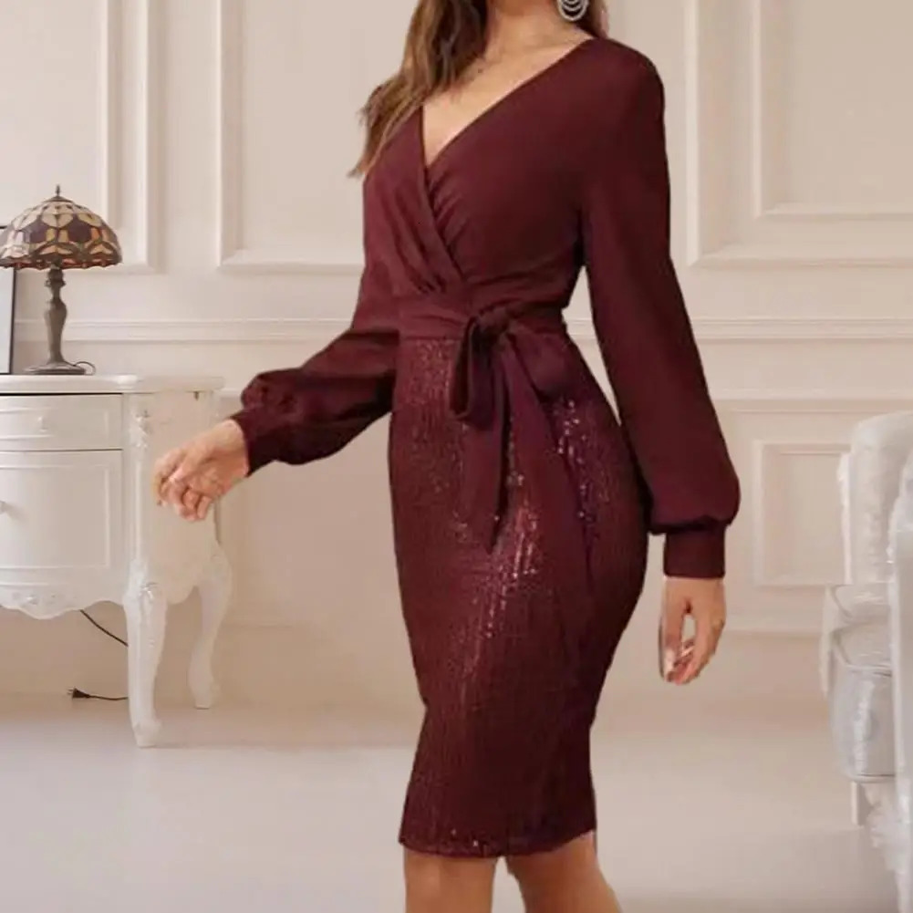 Basic Casual Dresse V neck Dress Stunning Sequin Splicing Bodycon Elegant V Neck Slim Fit Belted Waist for Evening Parties 231218
