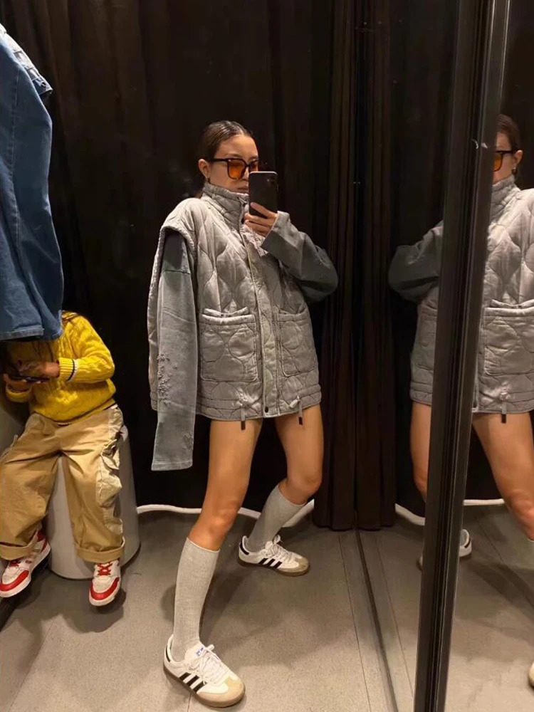 Women's Vests Autumn Winter Grey Vest Cotton Padded Waistcoat Warm Jacket Standing Collar Sleeveless Streetwear Outerwear 231218